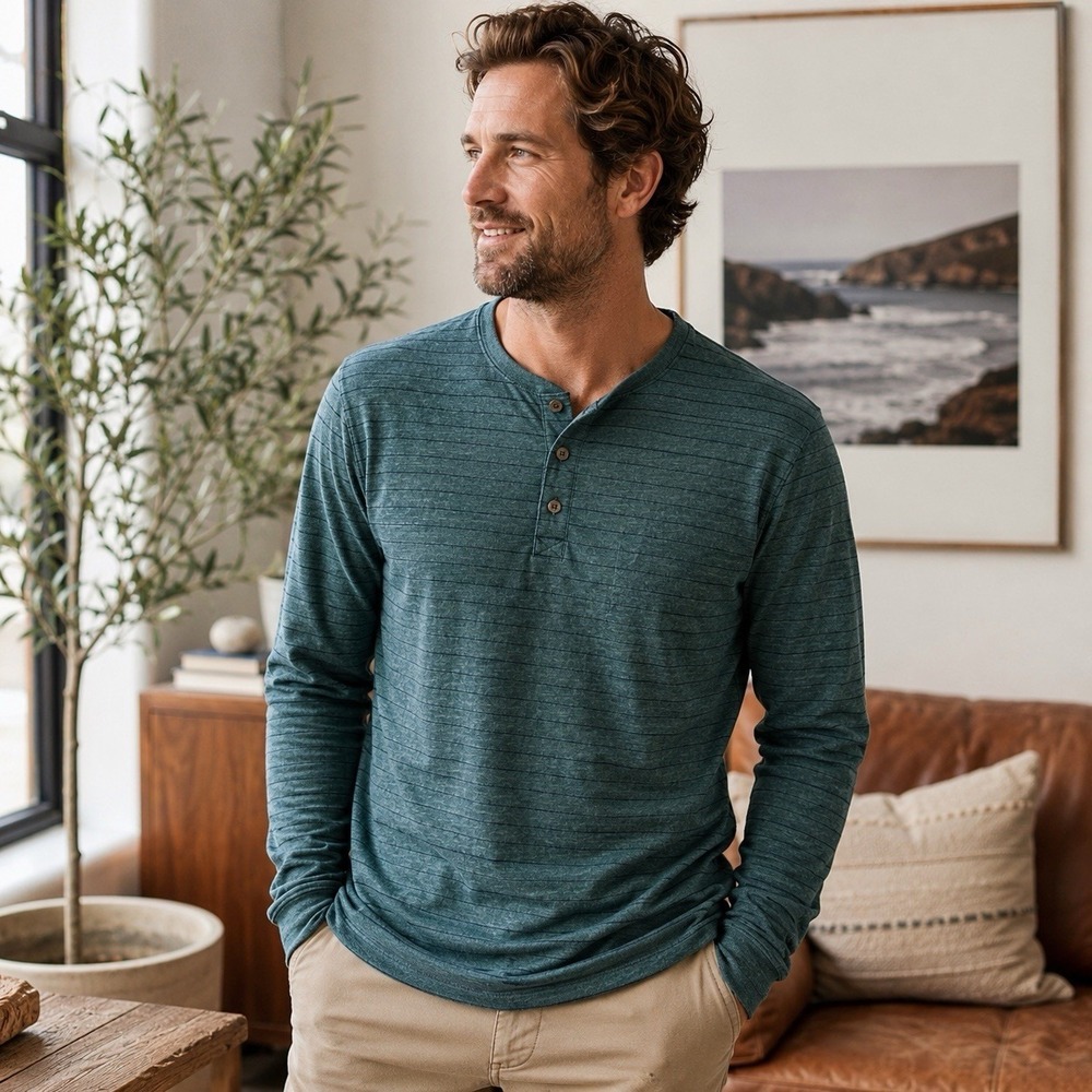 Marine Layer Double Knit Long Sleeve Henley Shirt Men's XL Stripe Ponderosa Pine